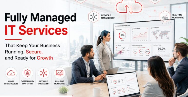 Business professionals leveraging fully managed IT services with cloud infrastructure, cybersecurity monitoring, and proactive technology management.